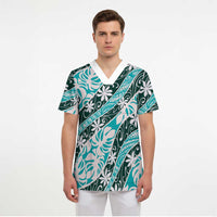 Cyan Tahiti Tiare Monstera Scrub Top Polynesian Pattern Curve Style - Polynesian Pride