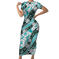 Cyan Tahiti Tiare Monstera Short Sleeve Bodycon Dress Polynesian Pattern Curve Style - Polynesian Pride