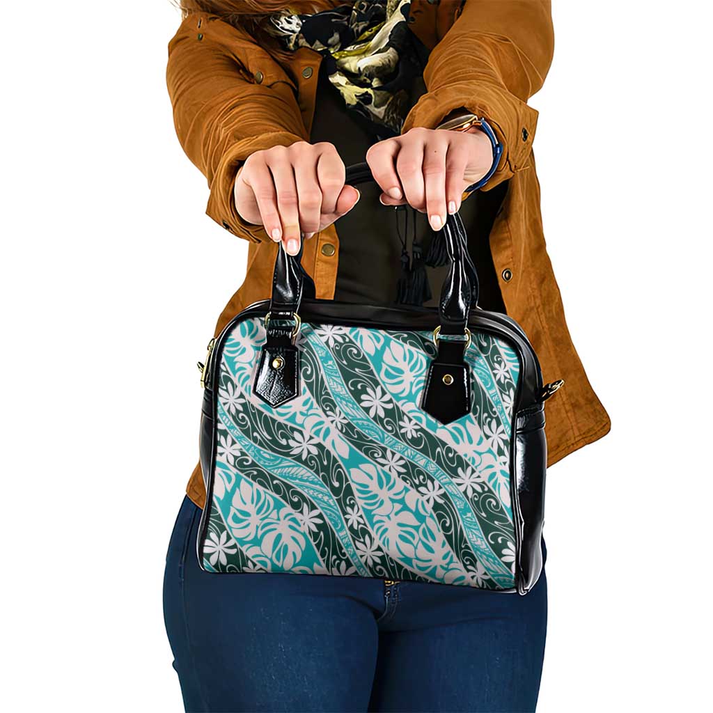 Cyan Tahiti Tiare Monstera Shoulder Handbag Polynesian Pattern Curve Style - Polynesian Pride