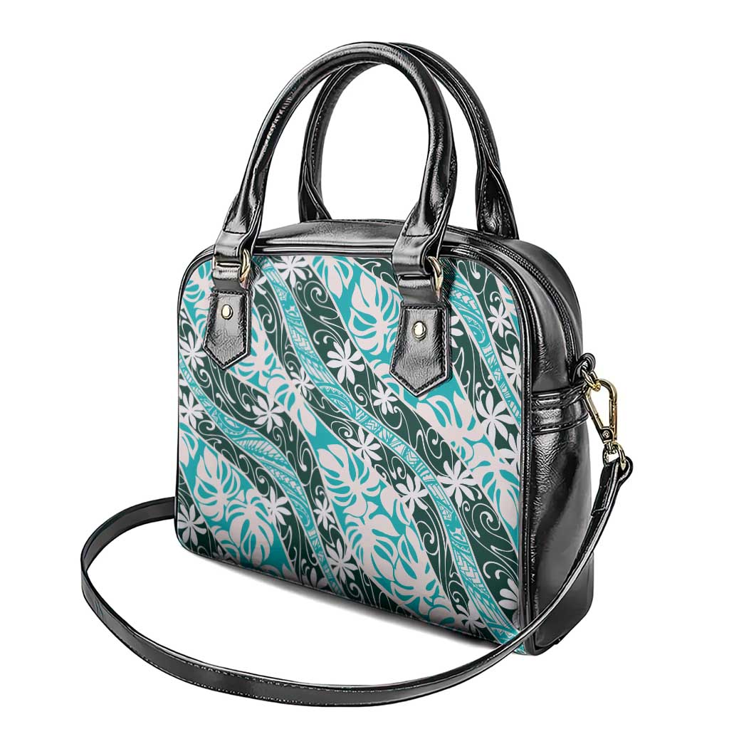 Cyan Tahiti Tiare Monstera Shoulder Handbag Polynesian Pattern Curve Style - Polynesian Pride