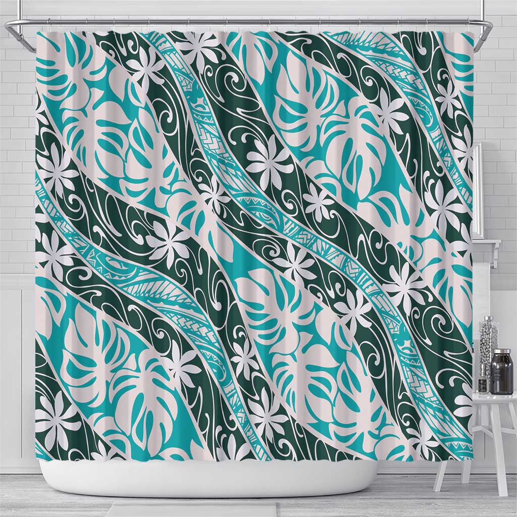 Cyan Tahiti Tiare Monstera Shower Curtain Polynesian Pattern Curve Style - Polynesian Pride
