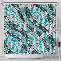 Cyan Tahiti Tiare Monstera Shower Curtain Polynesian Pattern Curve Style - Polynesian Pride