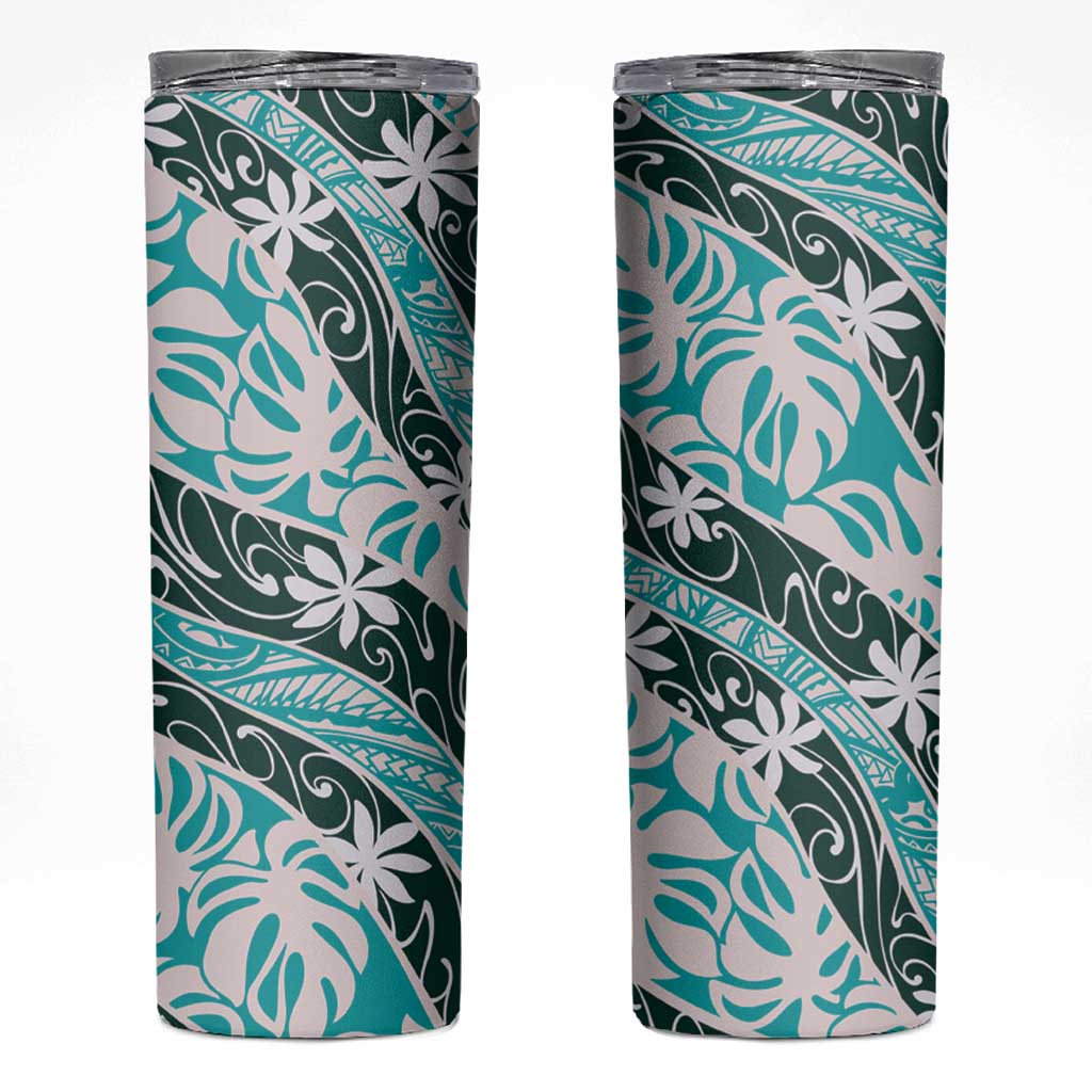 Cyan Tahiti Tiare Monstera Skinny Tumbler Polynesian Pattern Curve Style - Polynesian Pride