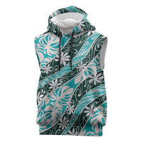 Cyan Tahiti Tiare Monstera Sleeveless Hoodie Polynesian Pattern Curve Style - Polynesian Pride