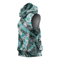 Cyan Tahiti Tiare Monstera Sleeveless Hoodie Polynesian Pattern Curve Style - Polynesian Pride