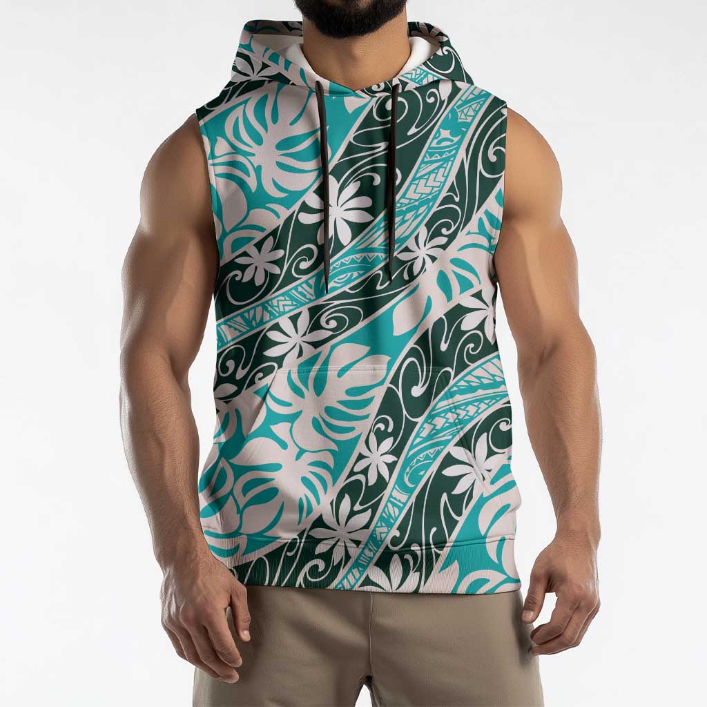 Cyan Tahiti Tiare Monstera Sleeveless Hoodie Polynesian Pattern Curve Style - Polynesian Pride