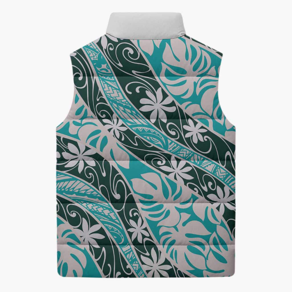 Cyan Tahiti Tiare Monstera Sleeveless Puffer Jacket Polynesian Pattern Curve Style - Polynesian Pride
