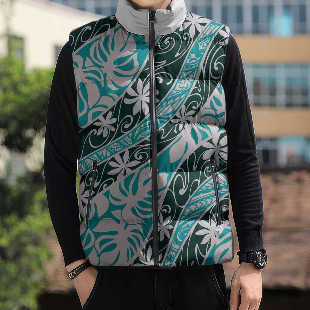Cyan Tahiti Tiare Monstera Sleeveless Puffer Jacket Polynesian Pattern Curve Style - Polynesian Pride