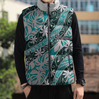 Cyan Tahiti Tiare Monstera Sleeveless Puffer Jacket Polynesian Pattern Curve Style - Polynesian Pride