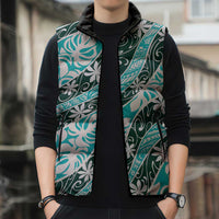 Cyan Tahiti Tiare Monstera Sleeveless Puffer Jacket Polynesian Pattern Curve Style - Polynesian Pride