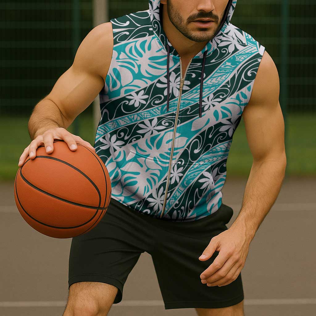 Cyan Tahiti Tiare Monstera Sleeveless Zip Hoodie Polynesian Pattern Curve Style - Polynesian Pride