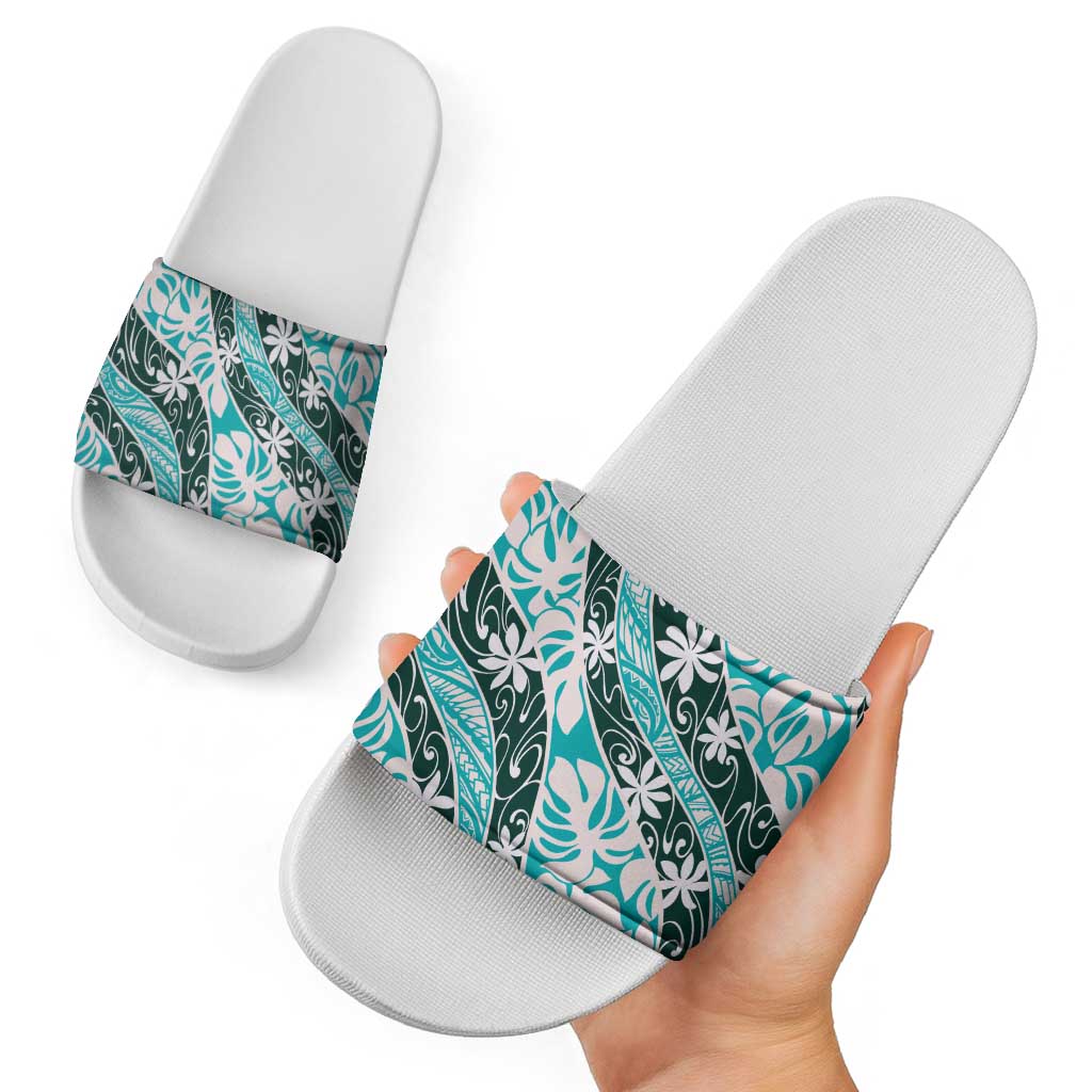 Cyan Tahiti Tiare Monstera Slide Sandals Polynesian Pattern Curve Style - Polynesian Pride
