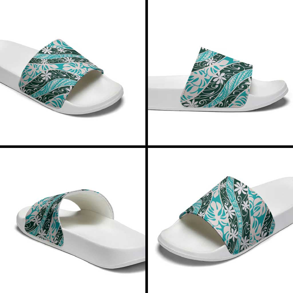 Cyan Tahiti Tiare Monstera Slide Sandals Polynesian Pattern Curve Style - Polynesian Pride