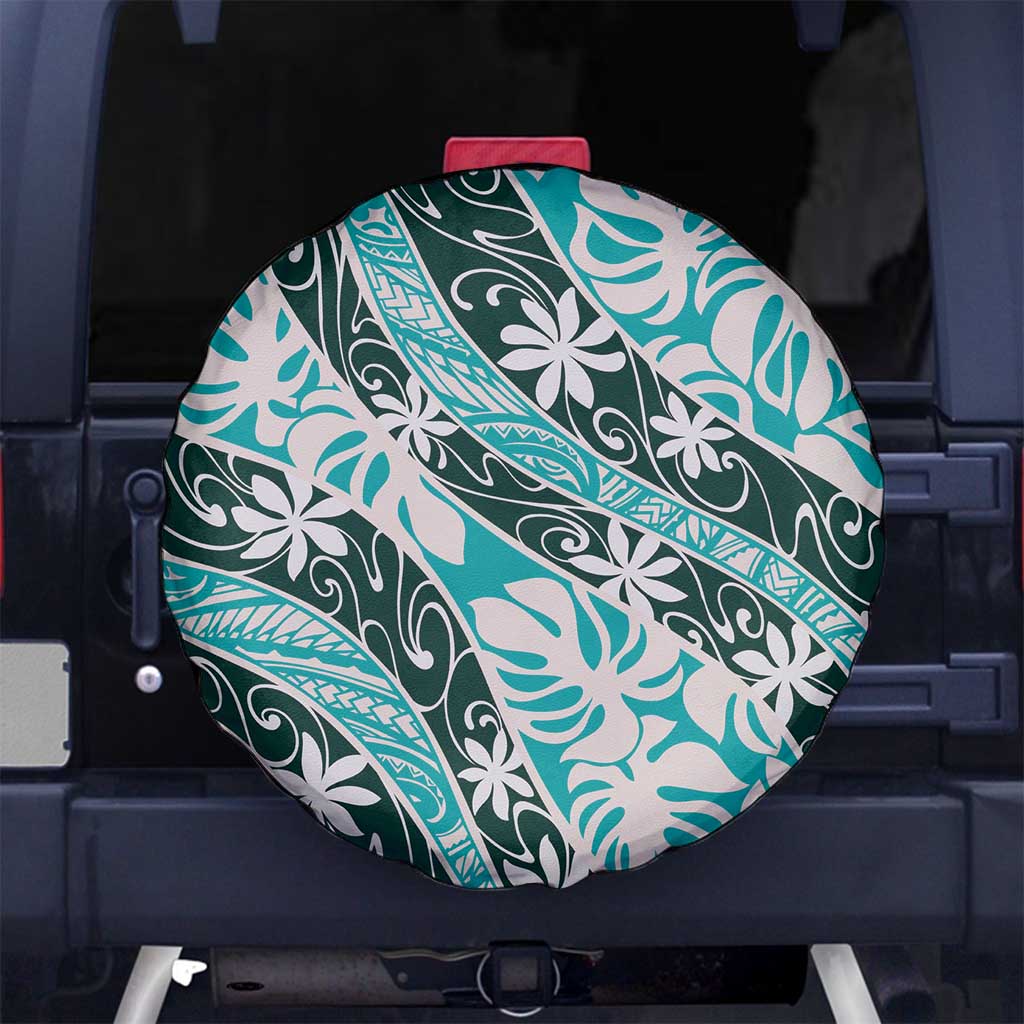 Cyan Tahiti Tiare Monstera Spare Tire Cover Polynesian Pattern Curve Style - Polynesian Pride
