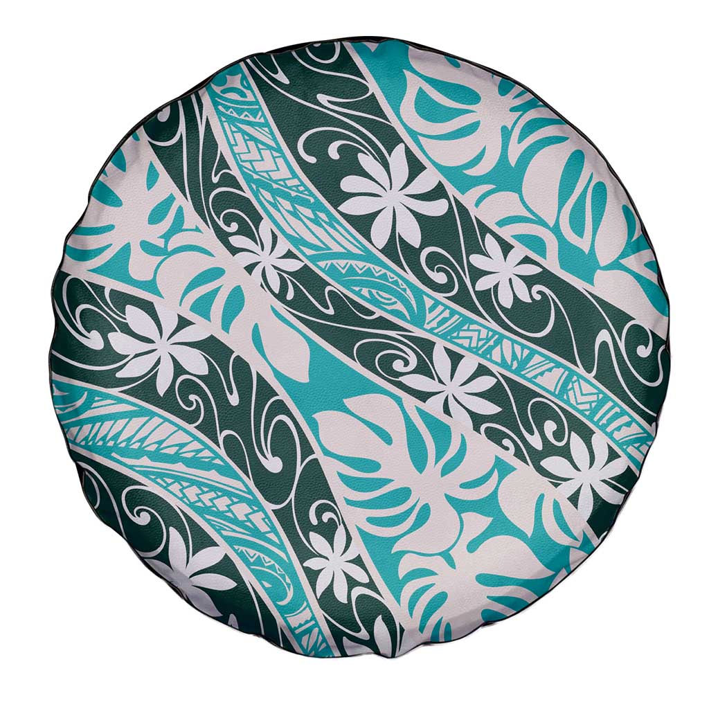 Cyan Tahiti Tiare Monstera Spare Tire Cover Polynesian Pattern Curve Style - Polynesian Pride