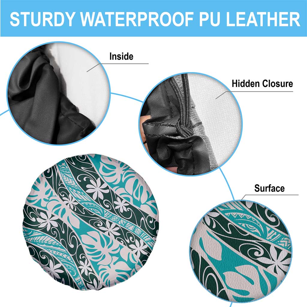 Cyan Tahiti Tiare Monstera Spare Tire Cover Polynesian Pattern Curve Style - Polynesian Pride