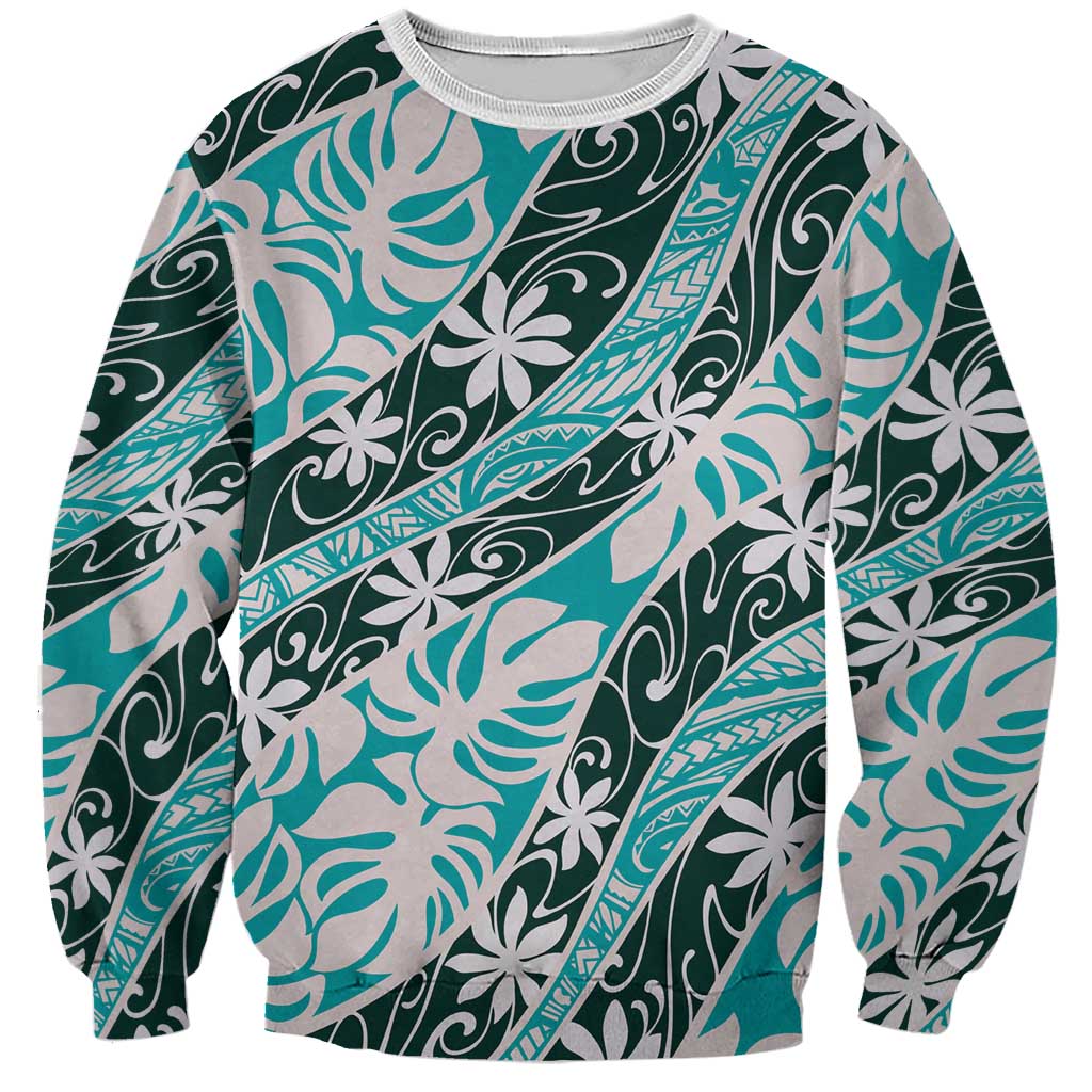 Cyan Tahiti Tiare Monstera Sweatshirt Polynesian Pattern Curve Style - Polynesian Pride