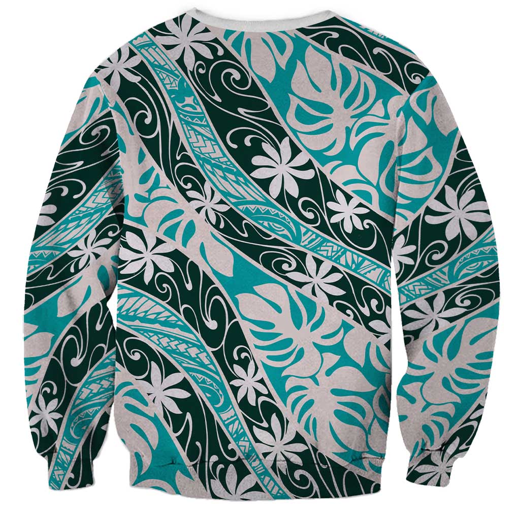 Cyan Tahiti Tiare Monstera Sweatshirt Polynesian Pattern Curve Style - Polynesian Pride