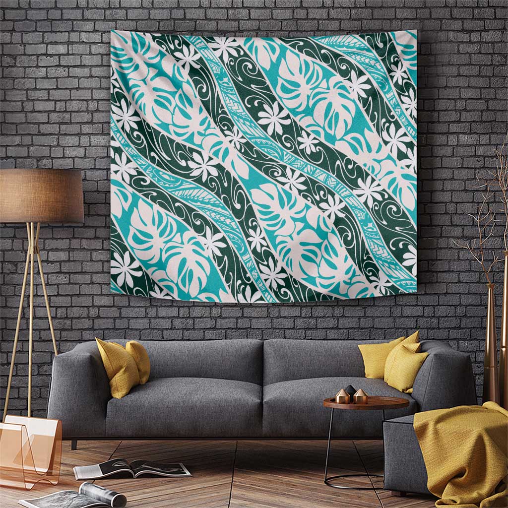 Cyan Tahiti Tiare Monstera Tapestry Polynesian Pattern Curve Style - Polynesian Pride