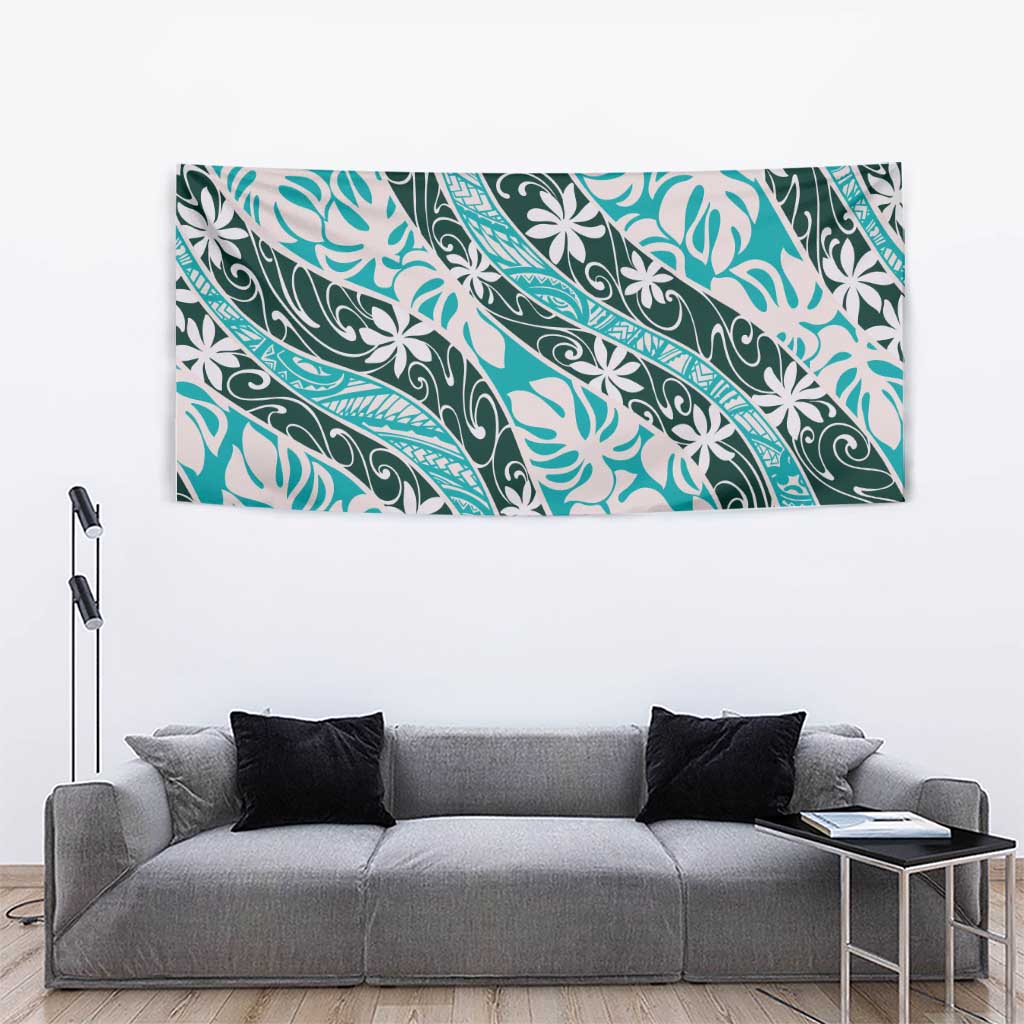 Cyan Tahiti Tiare Monstera Tapestry Polynesian Pattern Curve Style - Polynesian Pride