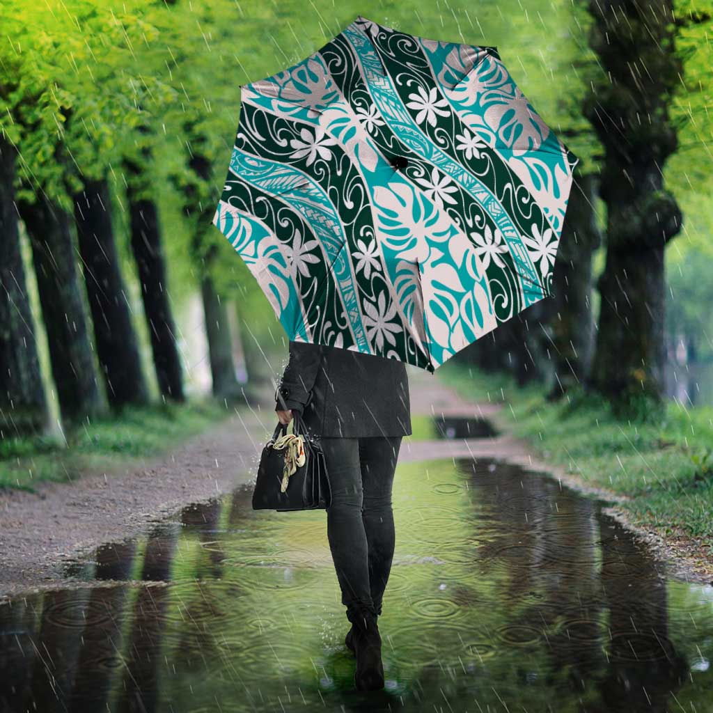 Cyan Tahiti Tiare Monstera Umbrella Polynesian Pattern Curve Style - Polynesian Pride