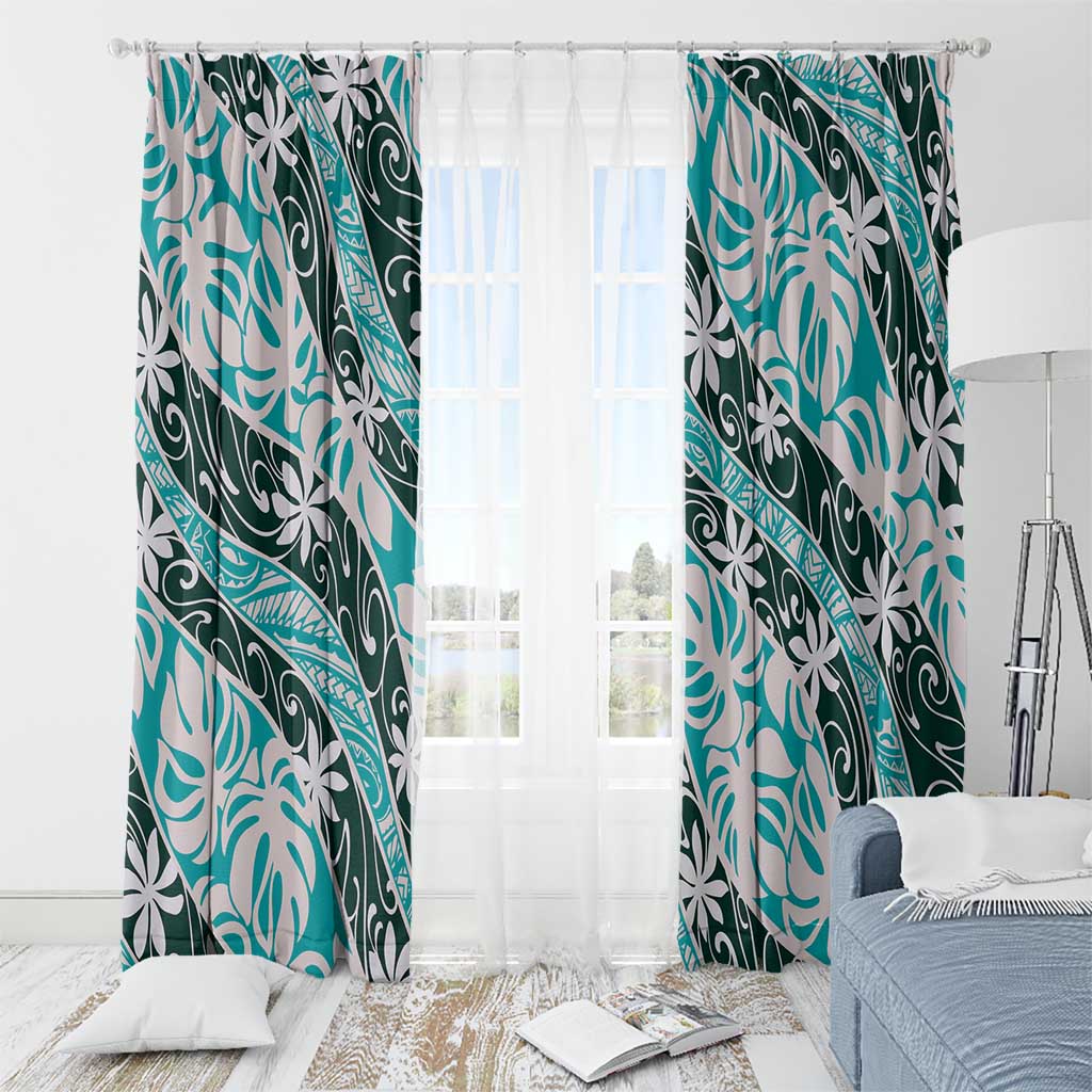 Cyan Tahiti Tiare Monstera Window Curtain Polynesian Pattern Curve Style - Polynesian Pride