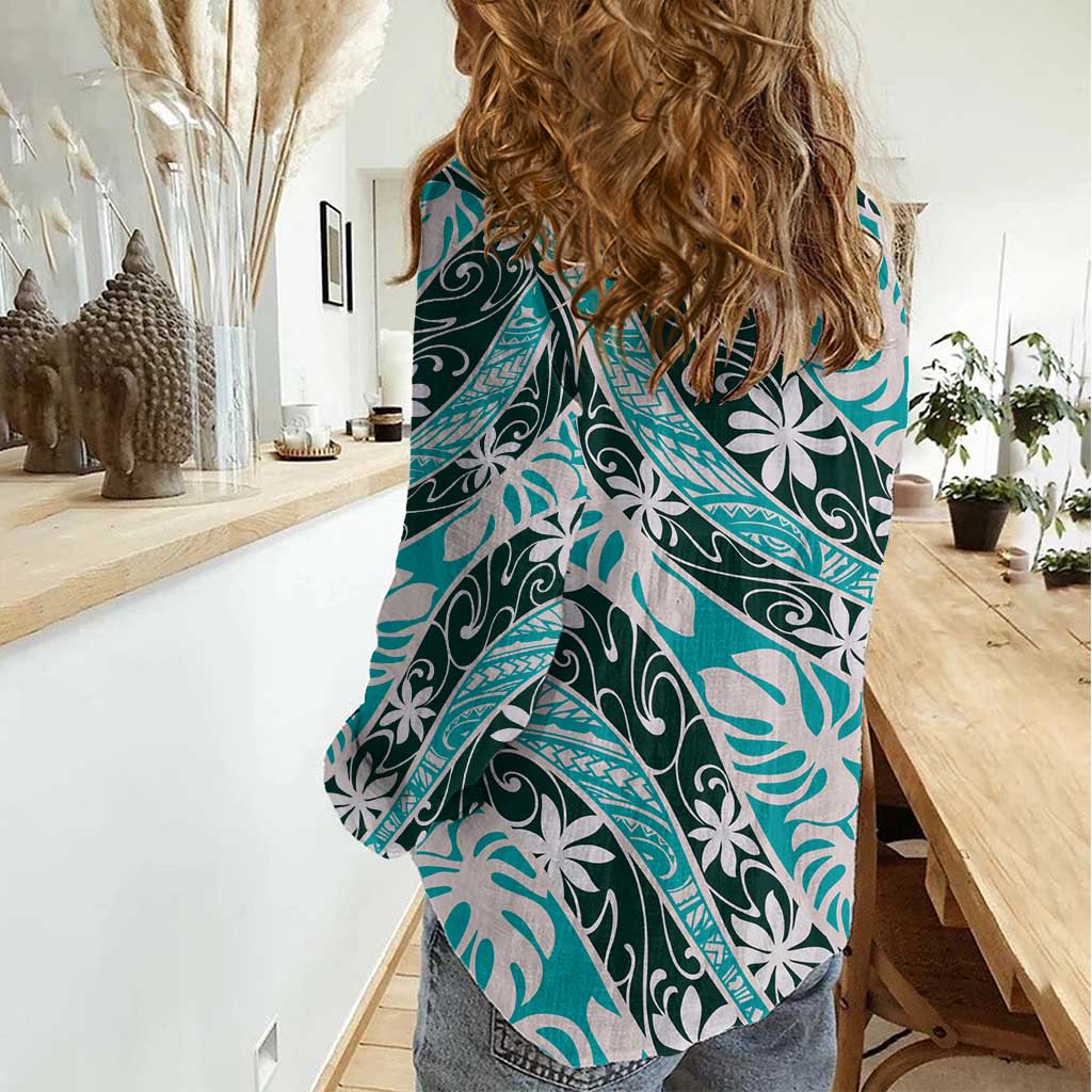 Cyan Tahiti Tiare Monstera Women Casual Shirt Polynesian Pattern Curve Style - Polynesian Pride