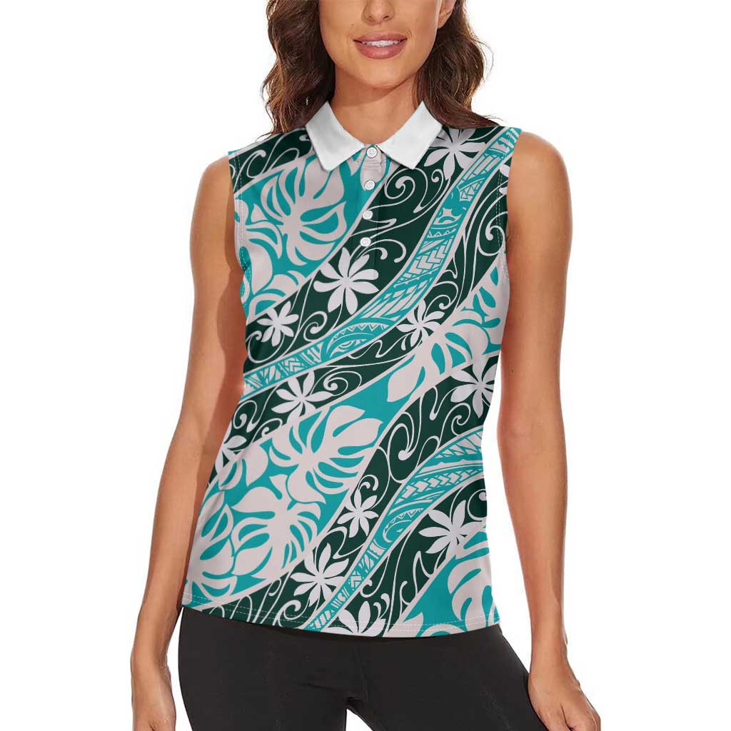 Cyan Tahiti Tiare Monstera Women Sleeveless Polo Shirt Polynesian Pattern Curve Style - Polynesian Pride