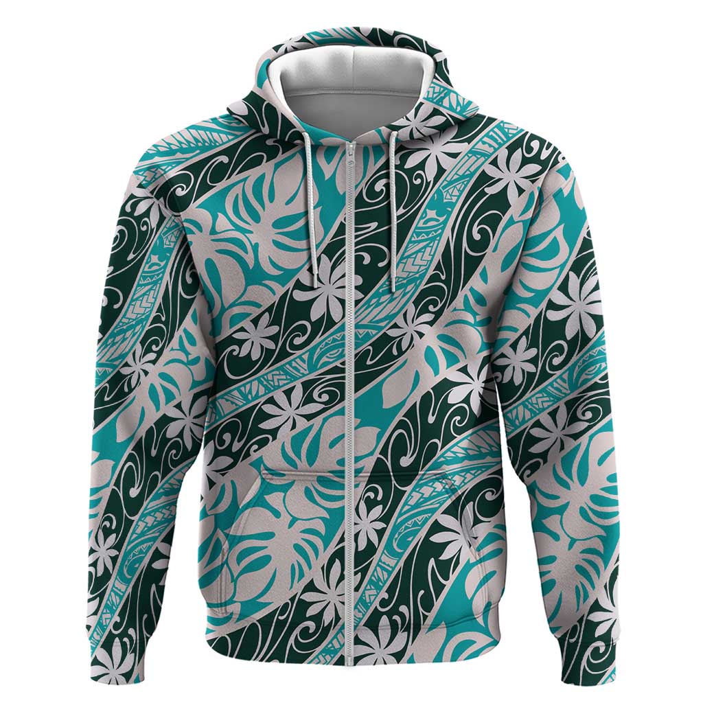 Cyan Tahiti Tiare Monstera Zip Hoodie Polynesian Pattern Curve Style - Polynesian Pride