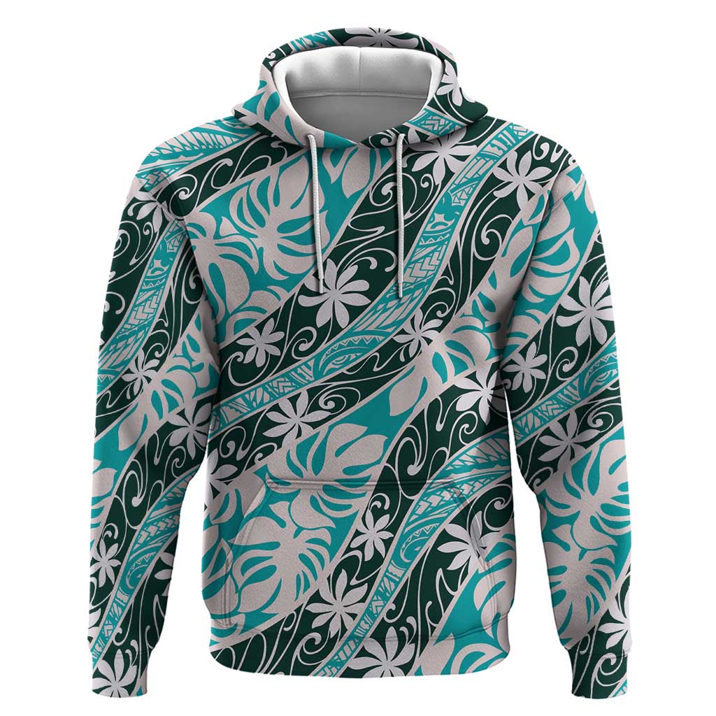 Cyan Tahiti Tiare Monstera Zip Hoodie Polynesian Pattern Curve Style - Polynesian Pride