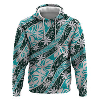 Cyan Tahiti Tiare Monstera Zip Hoodie Polynesian Pattern Curve Style - Polynesian Pride