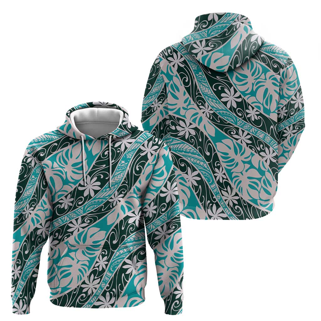 Cyan Tahiti Tiare Monstera Zip Hoodie Polynesian Pattern Curve Style - Polynesian Pride