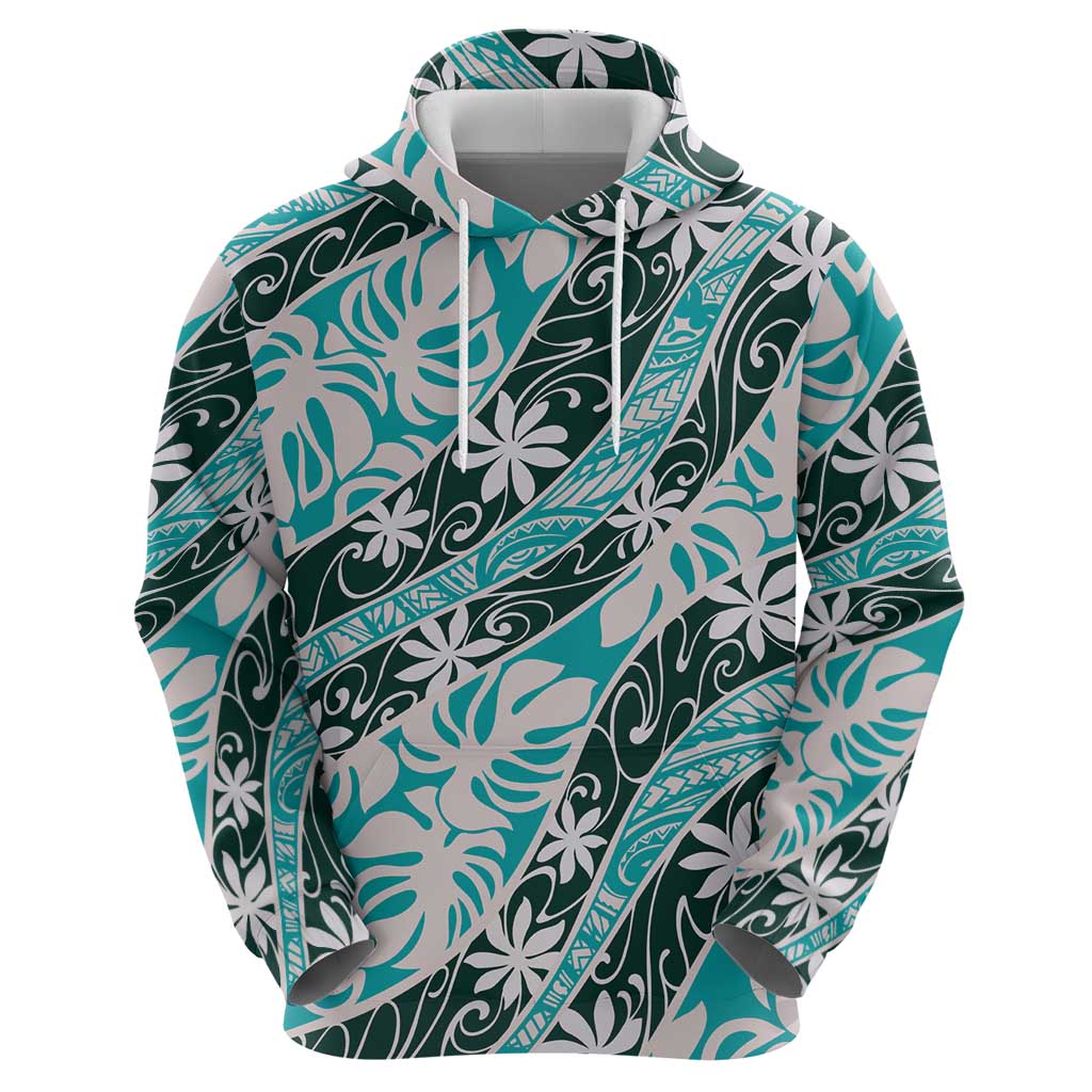 Cyan Tahiti Tiare Monstera Zip Hoodie Polynesian Pattern Curve Style - Polynesian Pride
