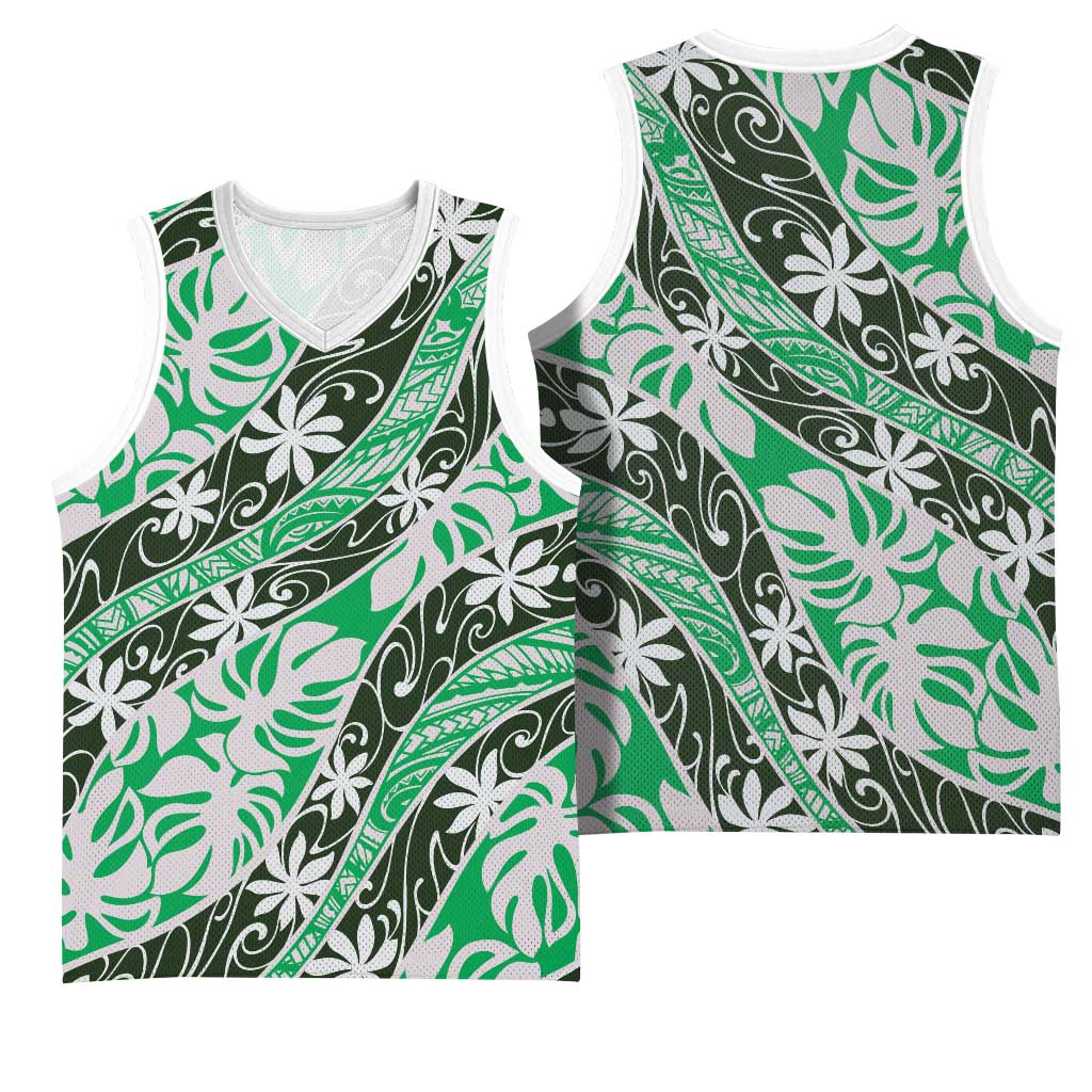 Matie Tahiti Tiare Monstera Basketball Jersey Polynesian Pattern Curve Style - Polynesian Pride