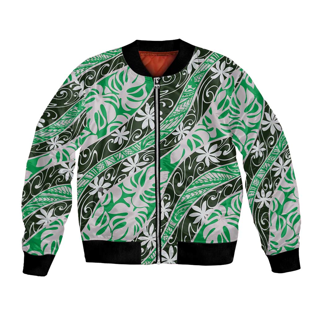 Matie Tahiti Tiare Monstera Bomber Jacket Polynesian Pattern Curve Style - Polynesian Pride