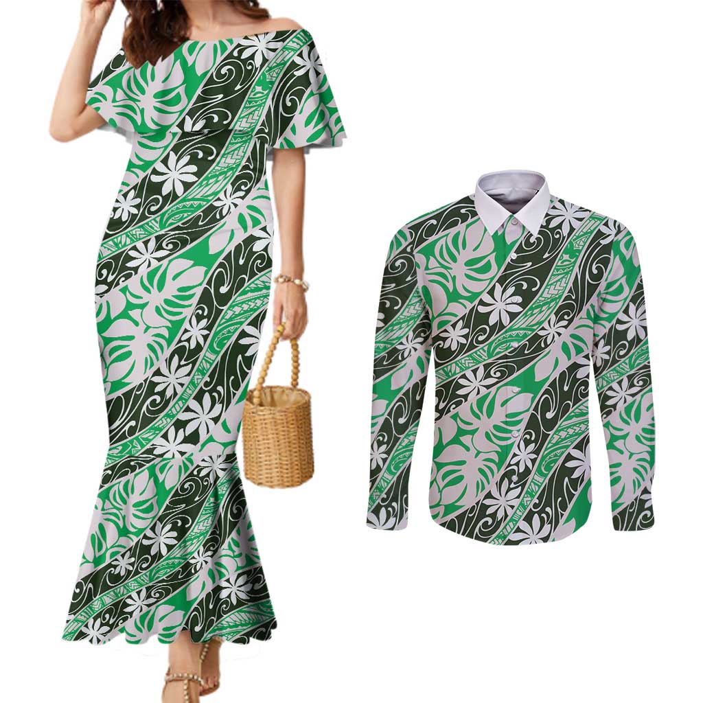 Matie Tahiti Tiare Monstera Couples Matching Mermaid Dress and Long Sleeve Button Shirt Polynesian Pattern Curve Style - Polynesian Pride
