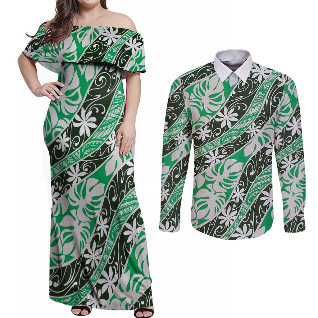 Matie Tahiti Tiare Monstera Couples Matching Off Shoulder Maxi Dress and Long Sleeve Button Shirt Polynesian Pattern Curve Style - Polynesian Pride