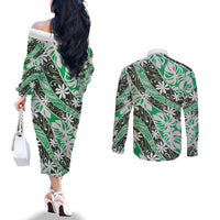 Matie Tahiti Tiare Monstera Couples Matching Off The Shoulder Long Sleeve Dress and Long Sleeve Button Shirt Polynesian Pattern Curve Style - Polynesian Pride