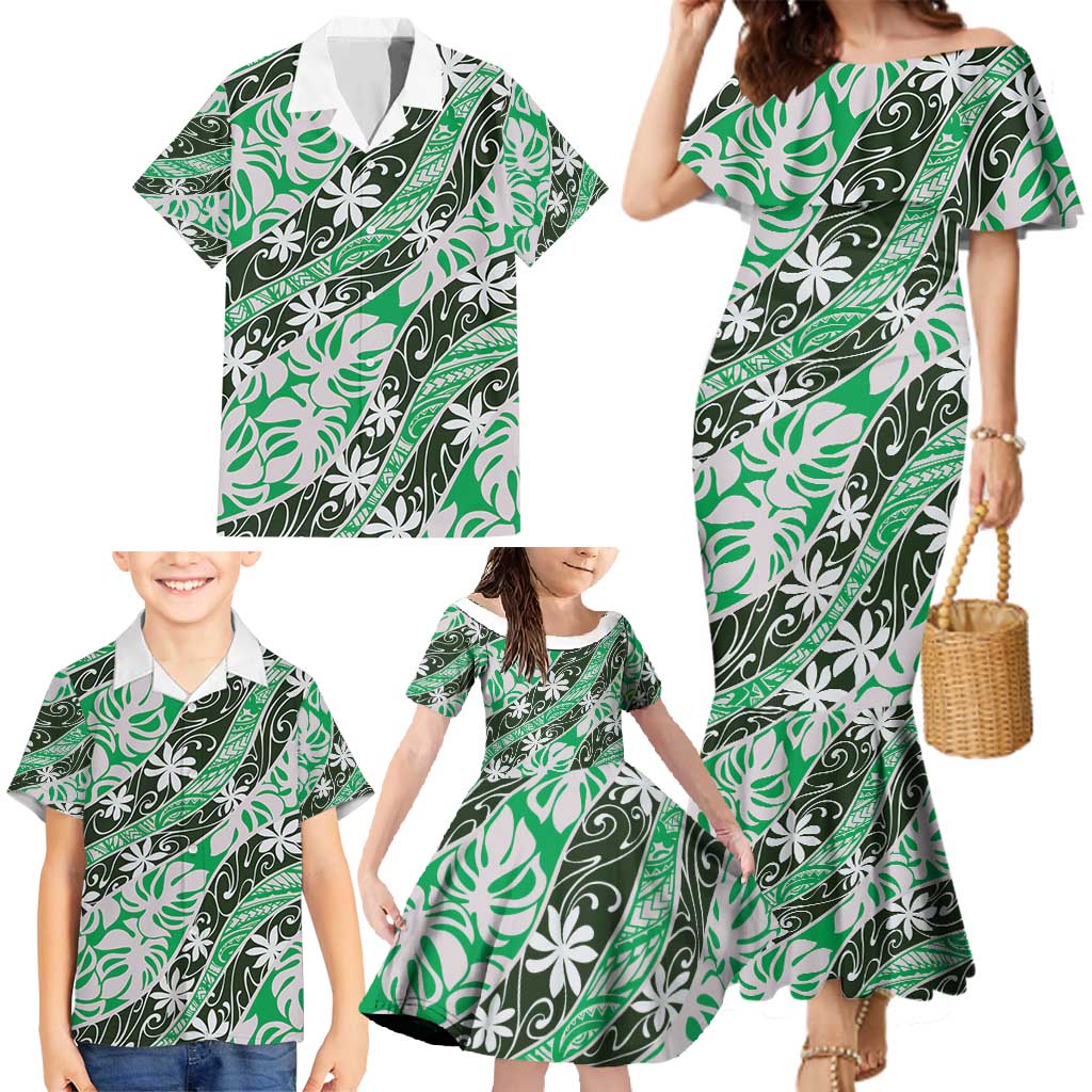 Matie Tahiti Tiare Monstera Family Matching Mermaid Dress and Hawaiian Shirt Polynesian Pattern Curve Style - Polynesian Pride