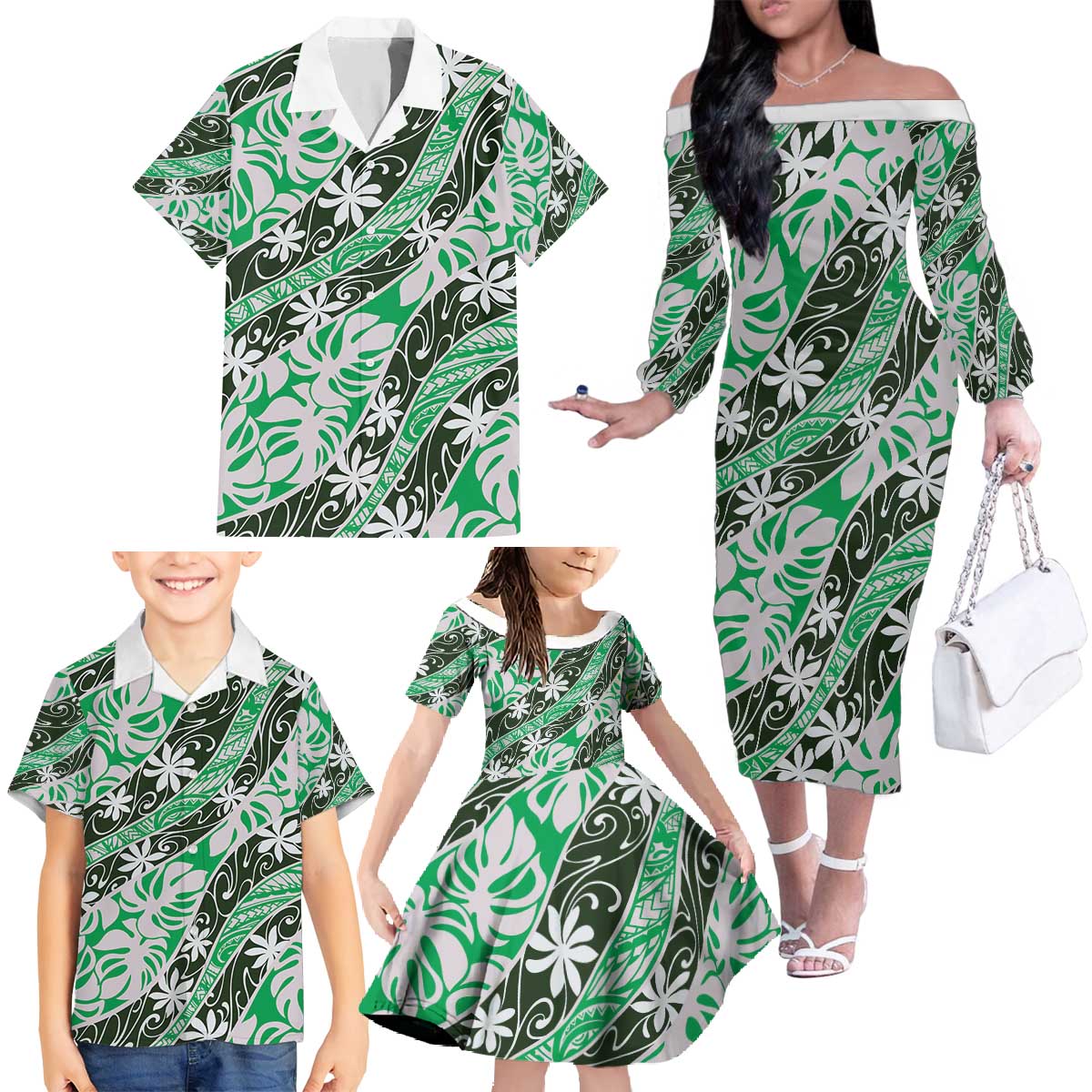 Matie Tahiti Tiare Monstera Family Matching Off The Shoulder Long Sleeve Dress and Hawaiian Shirt Polynesian Pattern Curve Style - Polynesian Pride