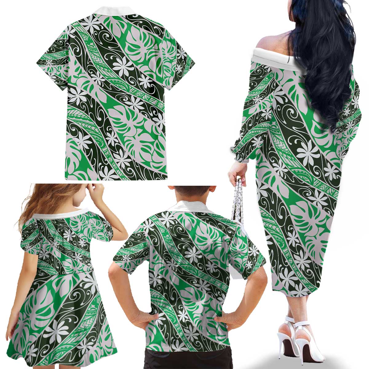 Matie Tahiti Tiare Monstera Family Matching Off The Shoulder Long Sleeve Dress and Hawaiian Shirt Polynesian Pattern Curve Style - Polynesian Pride