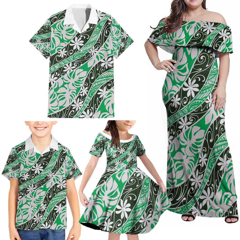 Matie Tahiti Tiare Monstera Family Matching Off Shoulder Maxi Dress and Hawaiian Shirt Polynesian Pattern Curve Style - Polynesian Pride