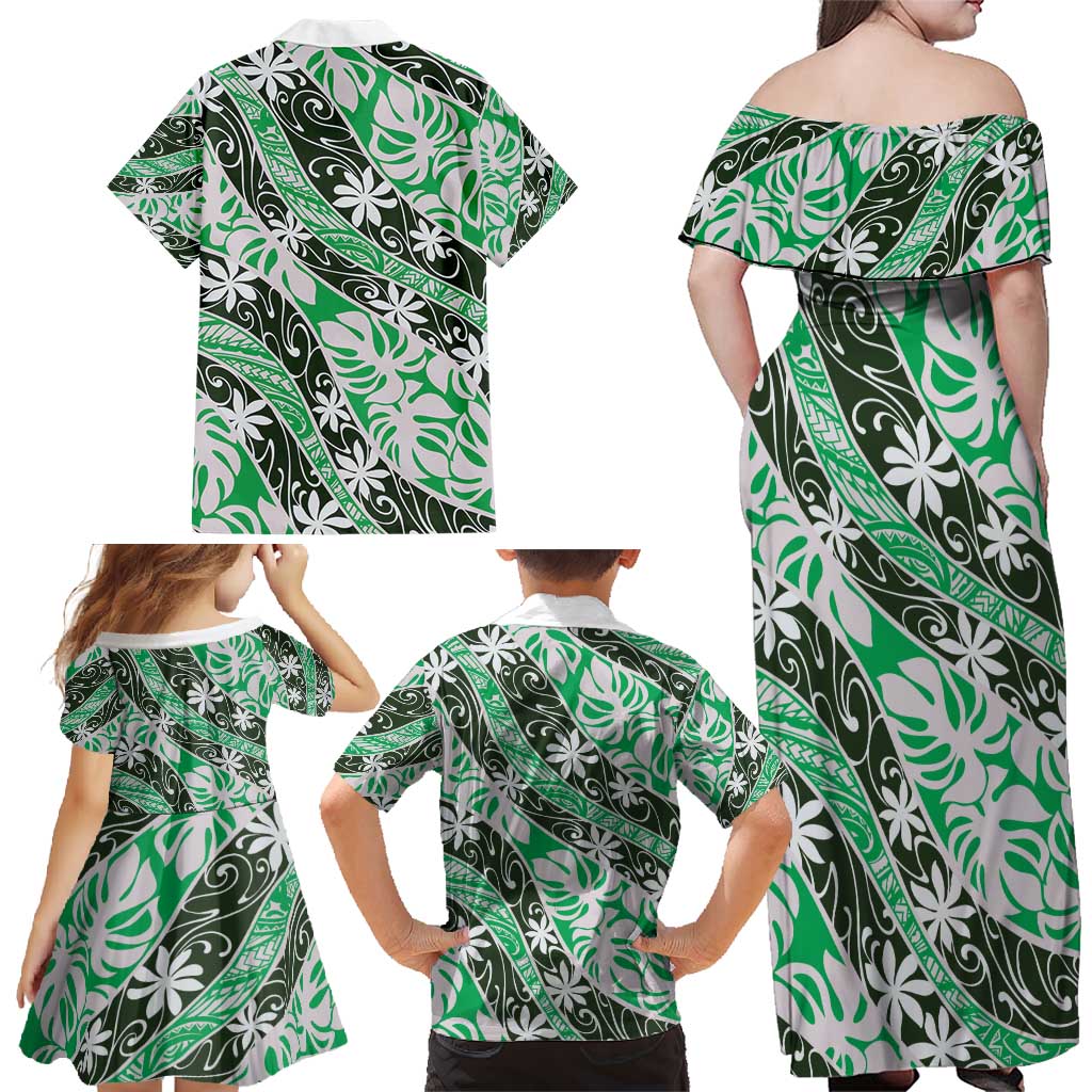 Matie Tahiti Tiare Monstera Family Matching Off Shoulder Maxi Dress and Hawaiian Shirt Polynesian Pattern Curve Style - Polynesian Pride