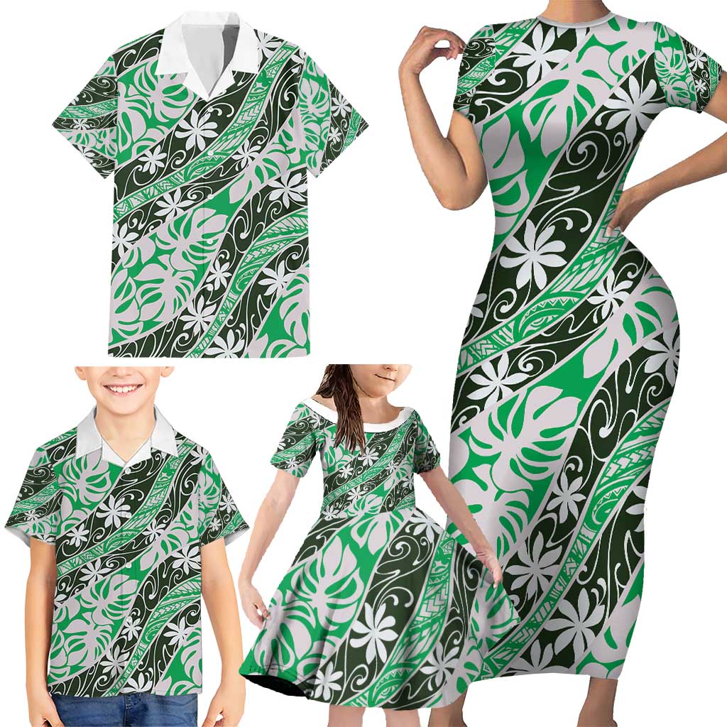 Matie Tahiti Tiare Monstera Family Matching Short Sleeve Bodycon Dress and Hawaiian Shirt Polynesian Pattern Curve Style - Polynesian Pride