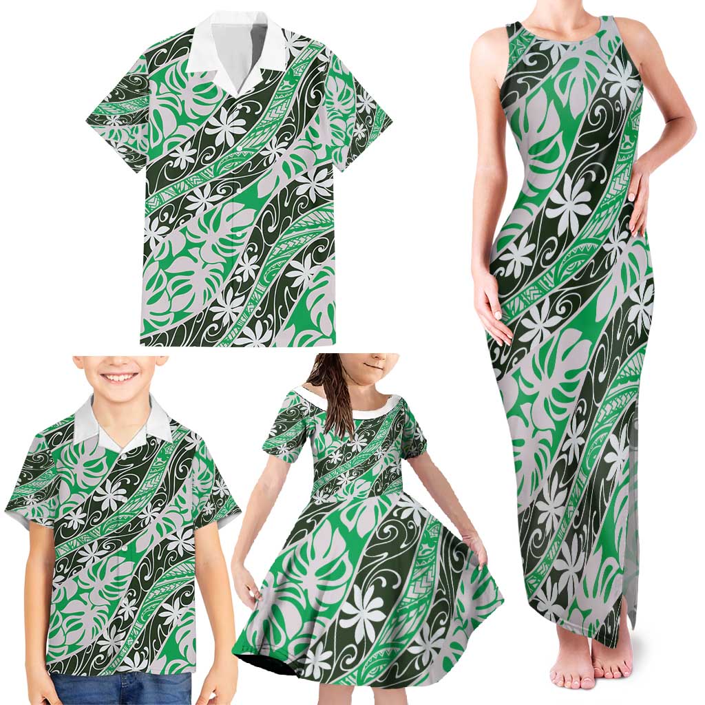 Matie Tahiti Tiare Monstera Family Matching Tank Maxi Dress and Hawaiian Shirt Polynesian Pattern Curve Style - Polynesian Pride
