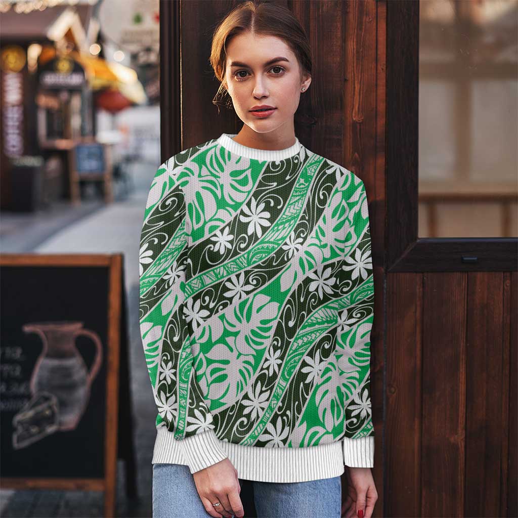 Matie Tahiti Tiare Monstera Ugly Christmas Sweater Polynesian Pattern Curve Style - Polynesian Pride