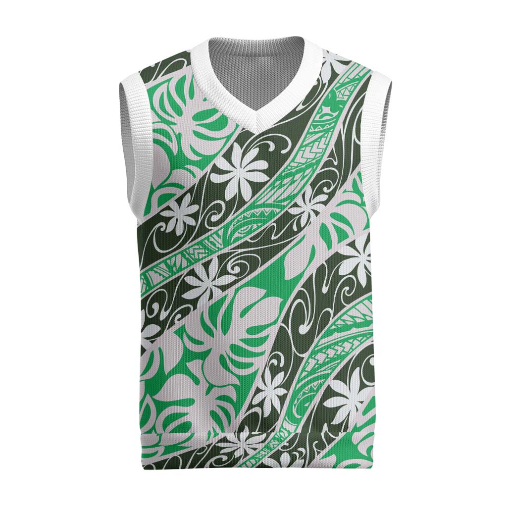 Matie Tahiti Tiare Monstera Christmas Knitted V-Neck Vest Polynesian Pattern Curve Style - Polynesian Pride