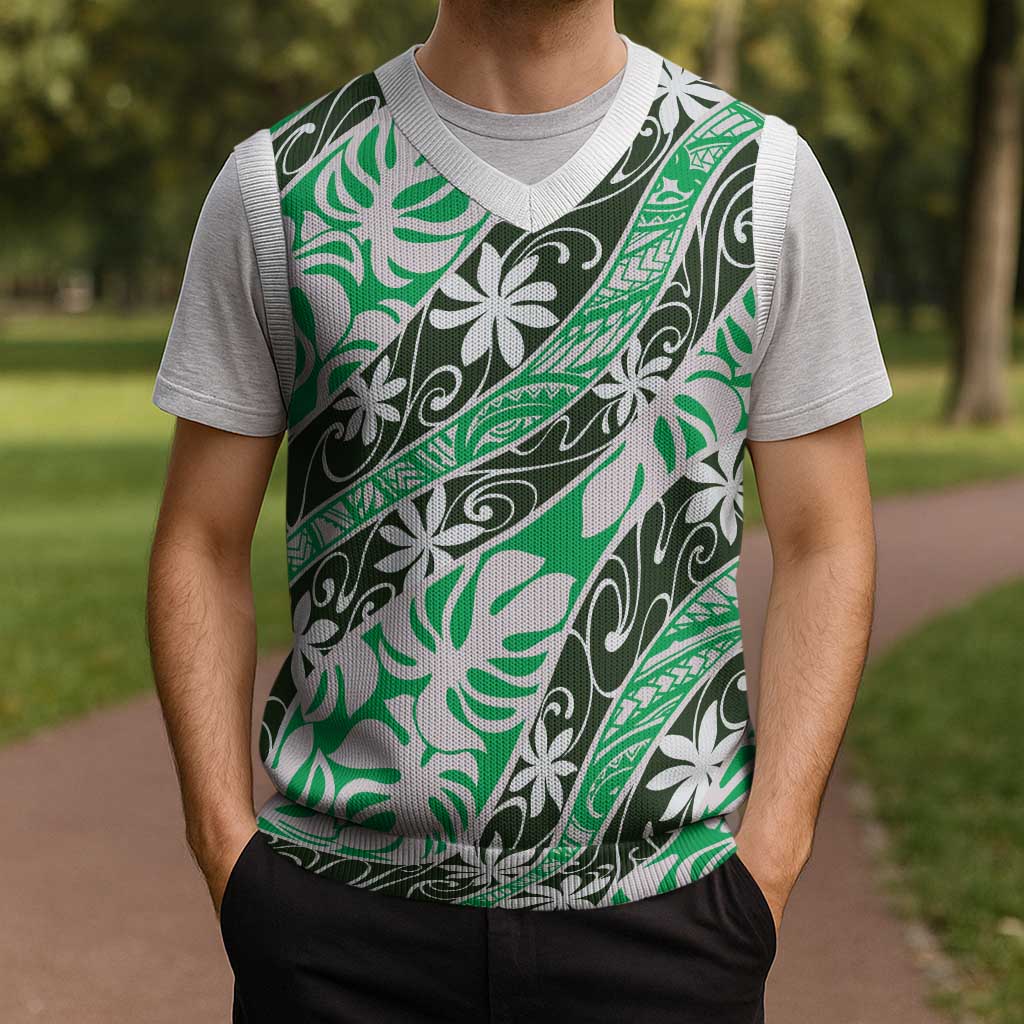 Matie Tahiti Tiare Monstera Christmas Knitted V-Neck Vest Polynesian Pattern Curve Style - Polynesian Pride