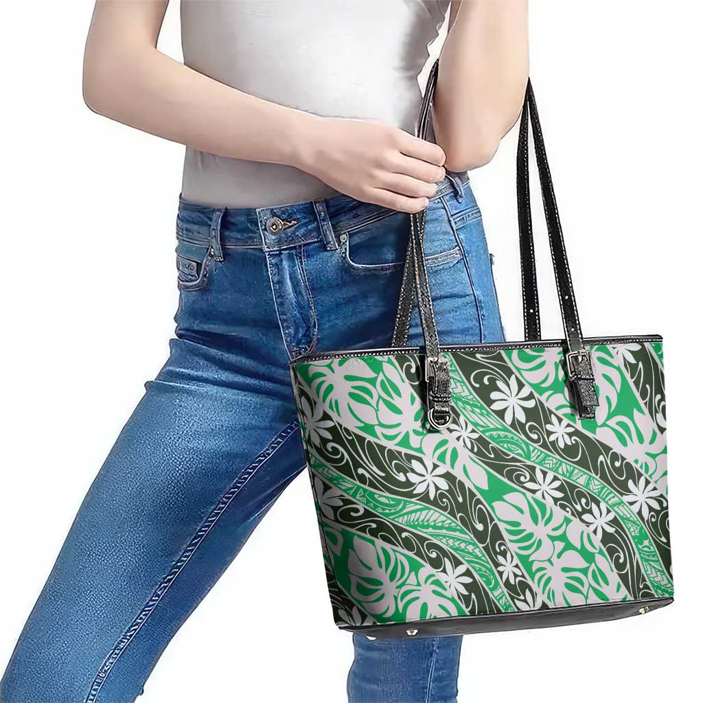 Matie Tahiti Tiare Monstera Leather Tote Bag Polynesian Pattern Curve Style - Polynesian Pride