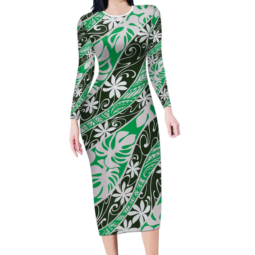 Matie Tahiti Tiare Monstera Long Sleeve Bodycon Dress Polynesian Pattern Curve Style - Polynesian Pride